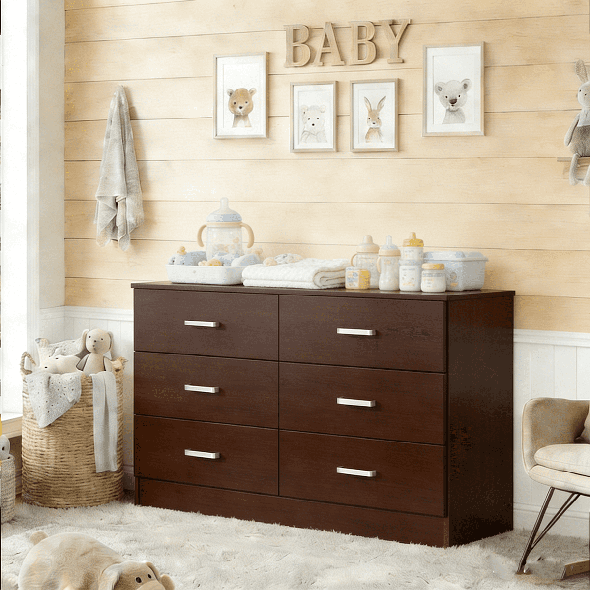 Winkalon Brown Dresser for Bedroom, 6 Drawer Dresser Chest of Drawers, Wood Dressers for Closet, Wide Modern Dressers for Living Room, Hallway, Entryway, TV Stand, Brown