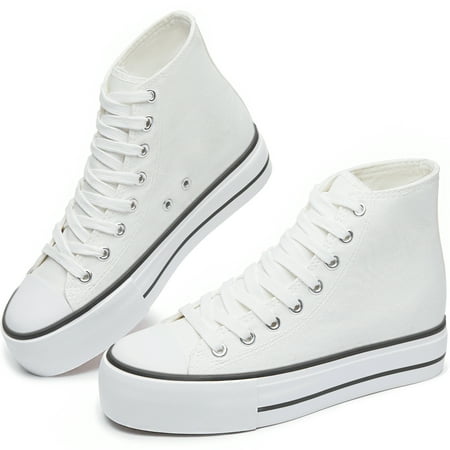 

Obtaom Women’s Platform High Top Canvas Shoes Comfy Platform Hi Top Canvas Fashion Sneakers For women Cute Mid Calf Canvas Thick Sole Walking Shoes(White US8)