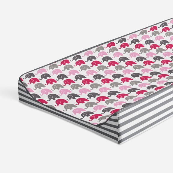 Bacati - Elephants Mini Elephants Quilted Top 100% Cotton Percale with Polyester Batting Diaper Changing Pad Cover, Pink/Gray