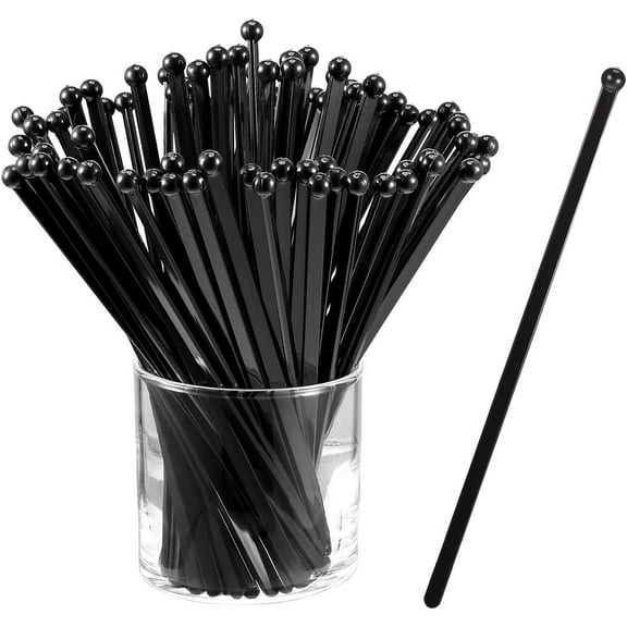 100 Pieces Ball Head Stirrer Disposible Plastic Round Top Crystal Swizzle Sticks, Crystal Cake Pops, Cocktail Coffee Drink Stirrers, Black