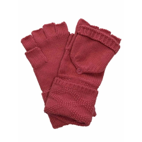 Womens Cuffed Pink Cable Knit Fingerless Flip Top Convertible Gloves