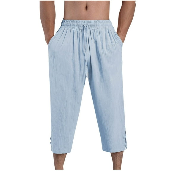 Plebaso Men's Casual Capri Pants Drawstring Cotton Linen Beach Capris Mens Lightweight Plain Long Shorts
