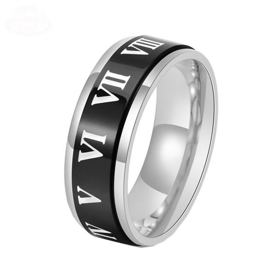 PAMTIER Men's Women's Stainless Steel High Polished Creative Roman Numerals Rotatable Ring for Anxiety Black Size 6