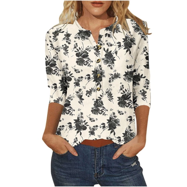 Blouses for Women Womens Printed Button 3/4 Sleeve T-shirt Loose Top