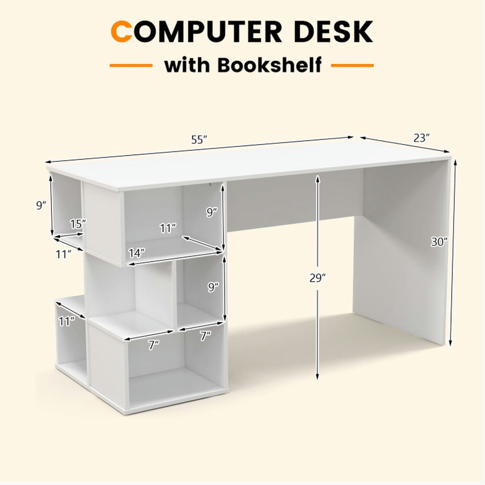 Demi Bonn Modern Computer Desk with 3 Tier Storage Shelves for Home Office Desk Study Writing Table, White
