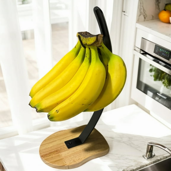 Premium Banana Holder Stand with Unique Wooden Base & Sturdy Metal Hook – Stylish Banana Hanger for Fresh Fruit, Modern Kitchen Countertop Display & Fruit Storage Solution