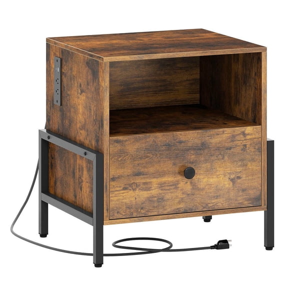 GVN Nightstand with Charging Station and Drawer, Bedside Table for Living Room, Bedroom, Rustic Brown