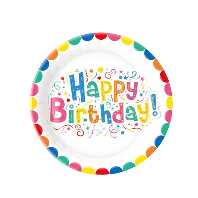 vajilla desechable de papel de colores para cumpleaños, arreglos festivos para niños, suministros para platos de papel para tartas de fiesta Plato de papel redondo, vista frontal centrada; borde con círculos multicolor y centro con texto "Happy Birthday" en letras infantiles multicolores, confeti y serpentinas; diseño apto para niños, ideal para fiesta infantil y servir pastel.