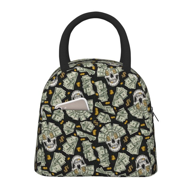 Easygdp Skull with Dollar Bolsa de Almuerzo Insulada Grande, Forro de Aluminio, Diseño Espacioso, a Prueba de Fugas, Ideal para Trabajo, Picnics, Viajes y Actividades al Aire Libre
