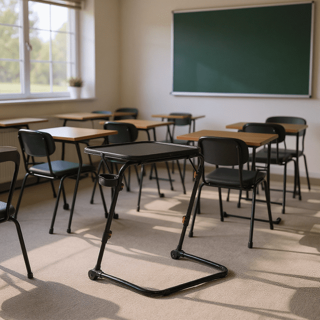 Lightweight adjustable folding table with cup holder set up in a classroom, highlighting its portability and compact design for camping or travel use.