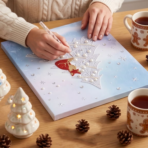 Tuvgenk Christmas Pearl Diamond Kit 16x12 inch Full Round Drill Rhinestone Art with Frame Beads Pen Tray for Xmas Wall Decor