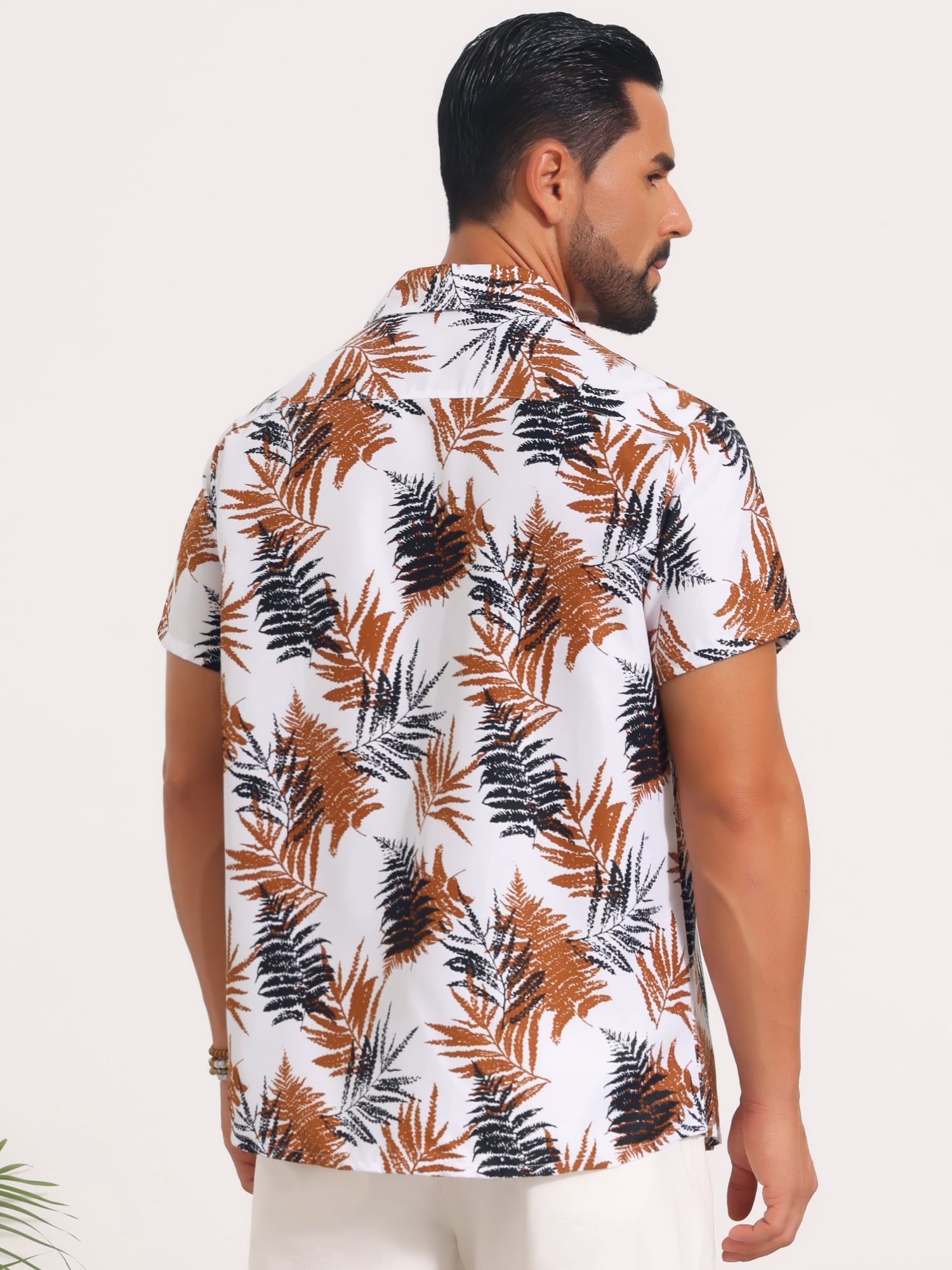DARING DIVA Men's Short Sleeve Button Down Camp Collar Leaf Print Shirts XL White Brown