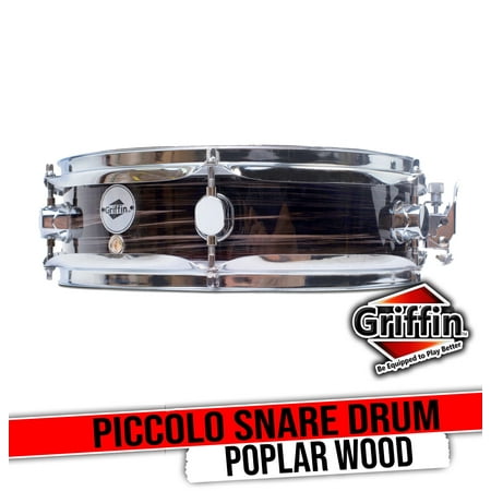 Griffin Snare Drum 13" x 3 - 5" - Piccolo 100% Poplar Wood Shell with Zebra Wood Finish and Coated Drum Head - Professional Drummers Percussion Instrument with Bright Tone and Brilliant Attack