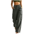 thumbnail image 2 of Womens Loose Wide Leg Cargo Pants Linen-Like Partial Elastic Waist Button Zip Fly Multi Pocket Casual Trousers, 2 of 9