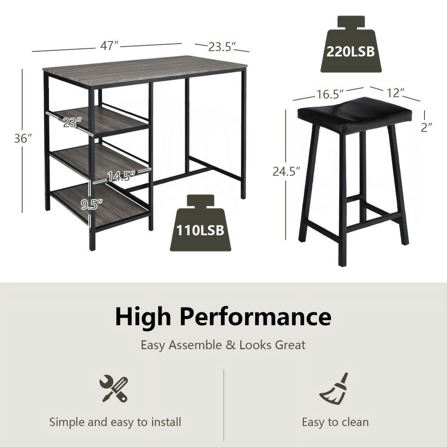 Finihen Dining Set, Dining Table Set, 3 Pieces Counter Height Dining Bar Table Set with 2 Stools and 3 Storage Shelves, for Home, Restaurant, Black Finihen Dining Set, Dining Table Set, 3 Pieces Counter Height Dining Bar Table Set with 2 Stools and 3 Storage Shelves, for Home, Restaurant, Black
