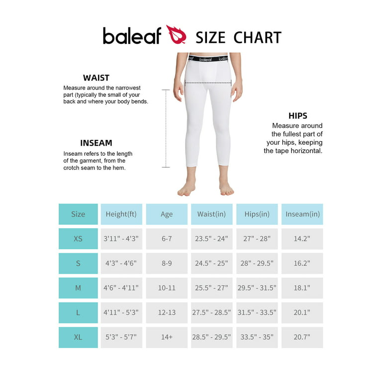 Baleaf Tights For Boys Compression Pants 3/4 Leggings Kids Basketball  Football White XS