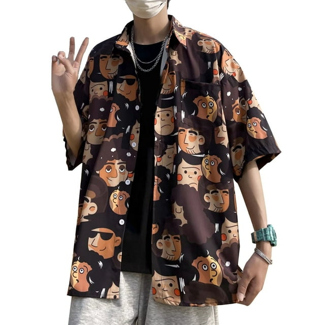 Camisa de manga corta para hombre,Camisa con botones para hombre Camisa de personajes de dibujos animados para hombre Camisa de manga corta con botones para hombre Innovación moderna