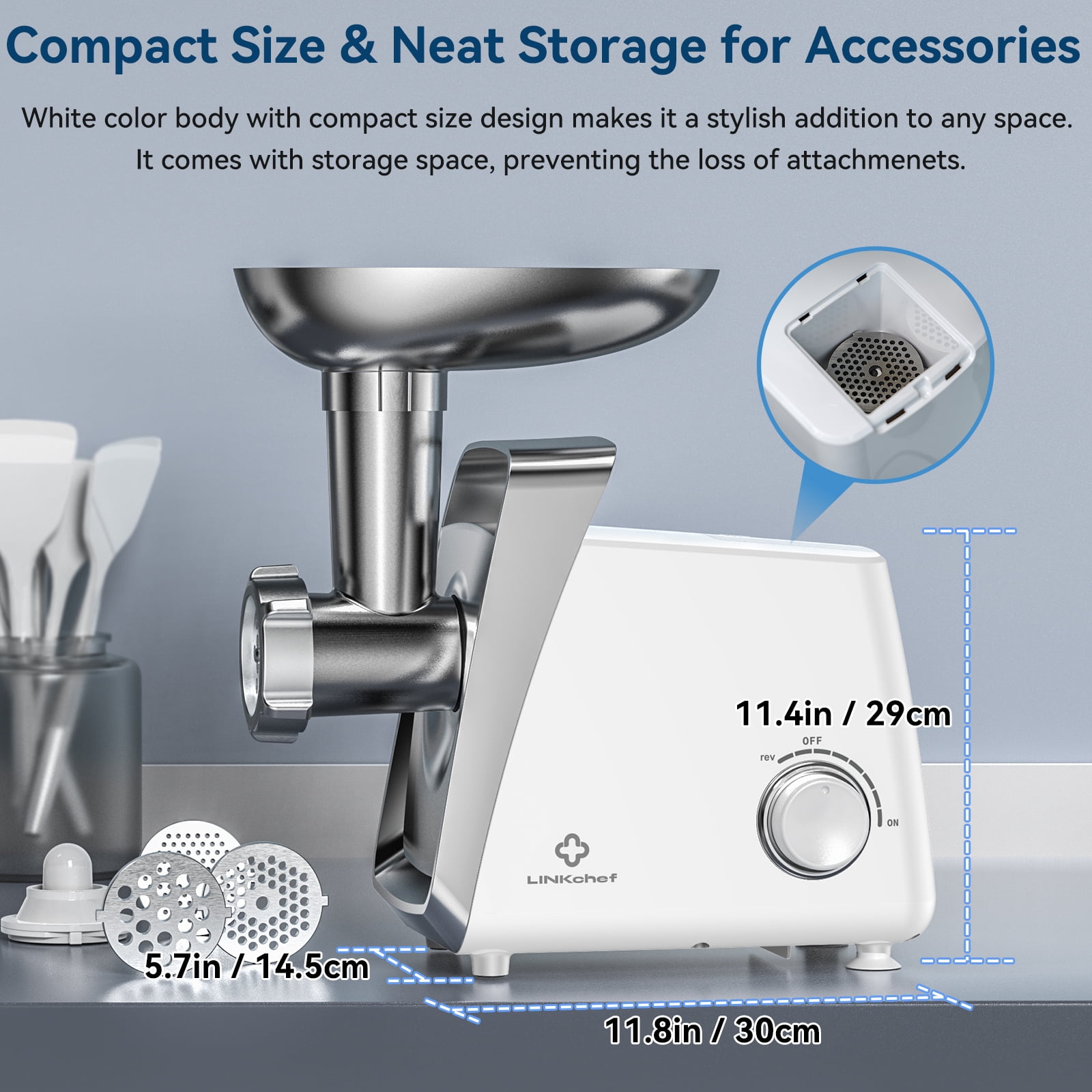 LINKChef Meat Grinder, 1500W Max Electric Meat Grinder Machine for Home Use, 3 Plates, Sausage Stuffer (White)