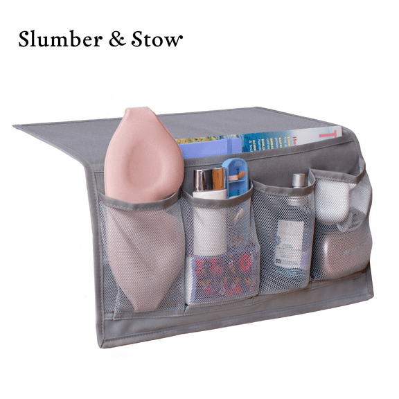 Bedside Caddy Organizer 5 Pocket Hanging Storage for Bed, Magazine Holder with Under Mattress Anchor, Bedside Table Organizer for Tablets, Magazines, Phone, Glasses, Remote, Meds etc. 10" x 17.5"