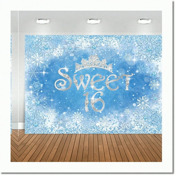 Frosty Princess Sweet 16th Backdrop - Snowflake Crown Winter Wonderland Party Decor - Ice Blue Birthday Banner - Portrait Photoshoot Background - Blue, 7x5ft