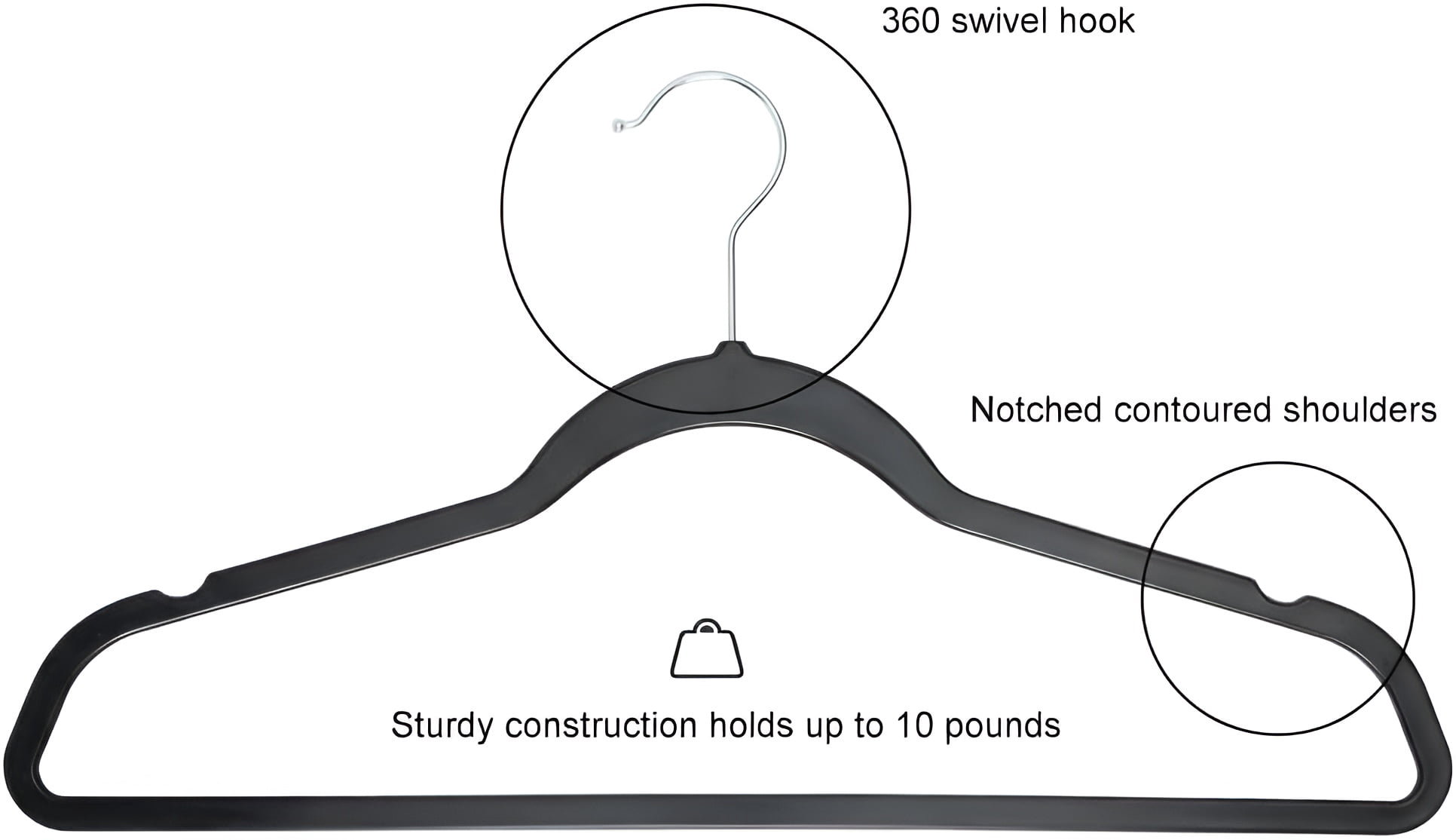 Concepts 20-Pack Notched Hangers – Heavy-Duty Black Plastic Clothes Hangers with Silver Hooks, Durable & Space-Saving Closet Storage Solution