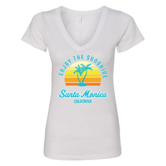 Inktastic Summer Enjoy the Sunshine Santa Monica California in Blue Women's V-Neck T-Shirt