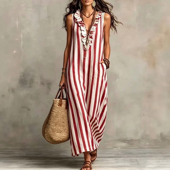 Morttic Women's Striped V-Neck Sleeveless Maxi Dress – Pocket, Ruffle Neckline, Casual Resort & Everyday Wear Red,S