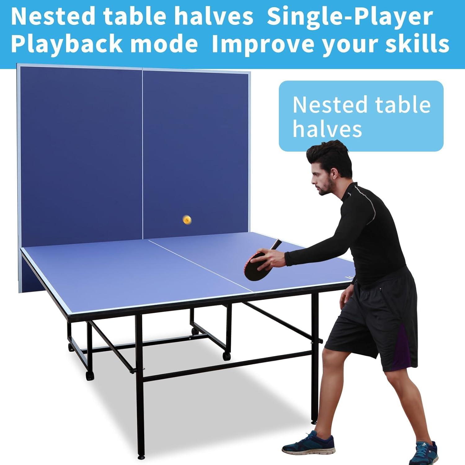 HooKung 9ft Mid-Size Table Tennis Table, Foldable Ping Pong Table sets, 0.5'' Thick for Indoor with Net, 2 Table Tennis Paddles and 3 Balls