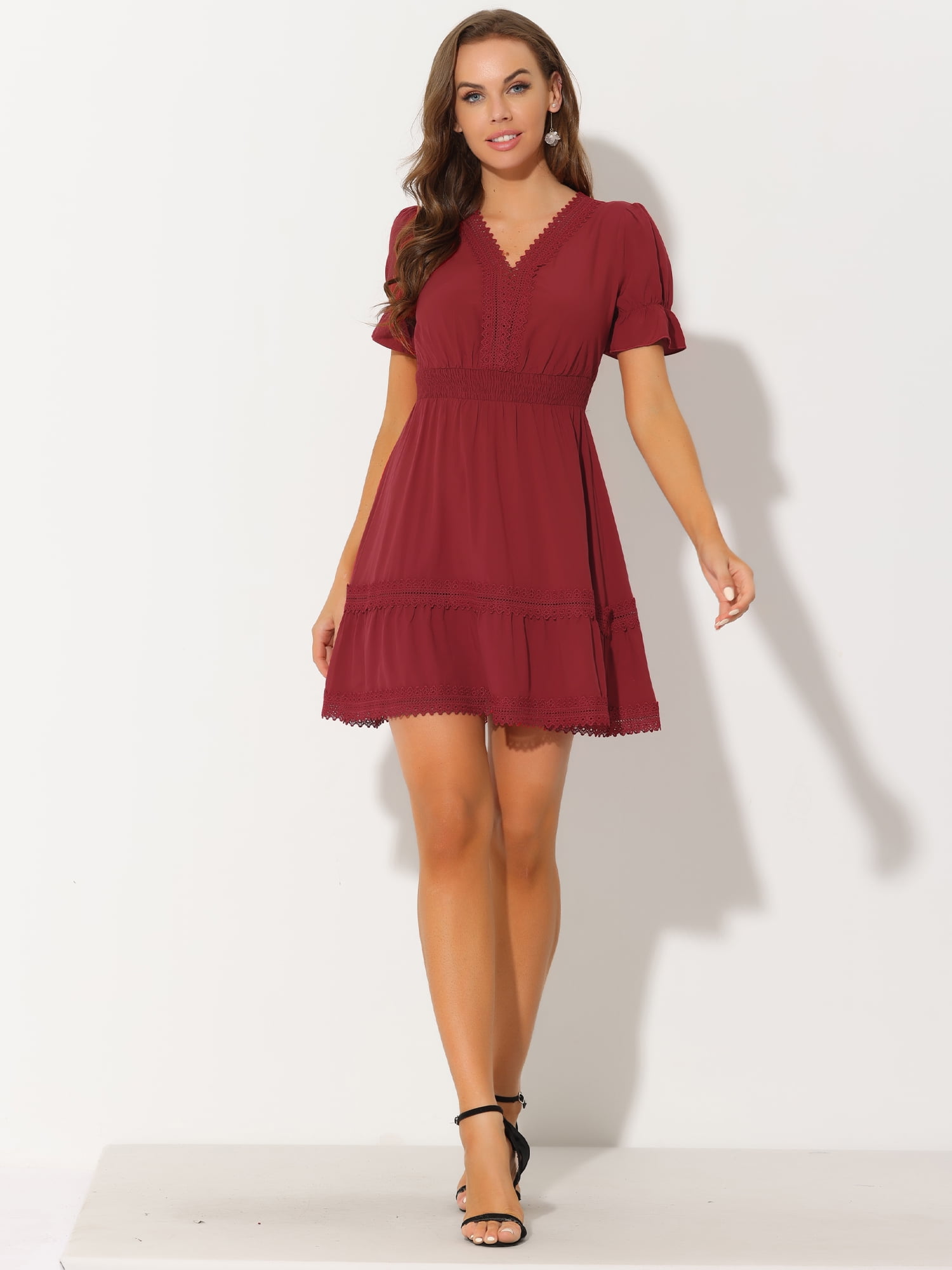 DARING DIVA V Neck Smocked Elastic Waist Short Sleeve Mini Dress XL Red