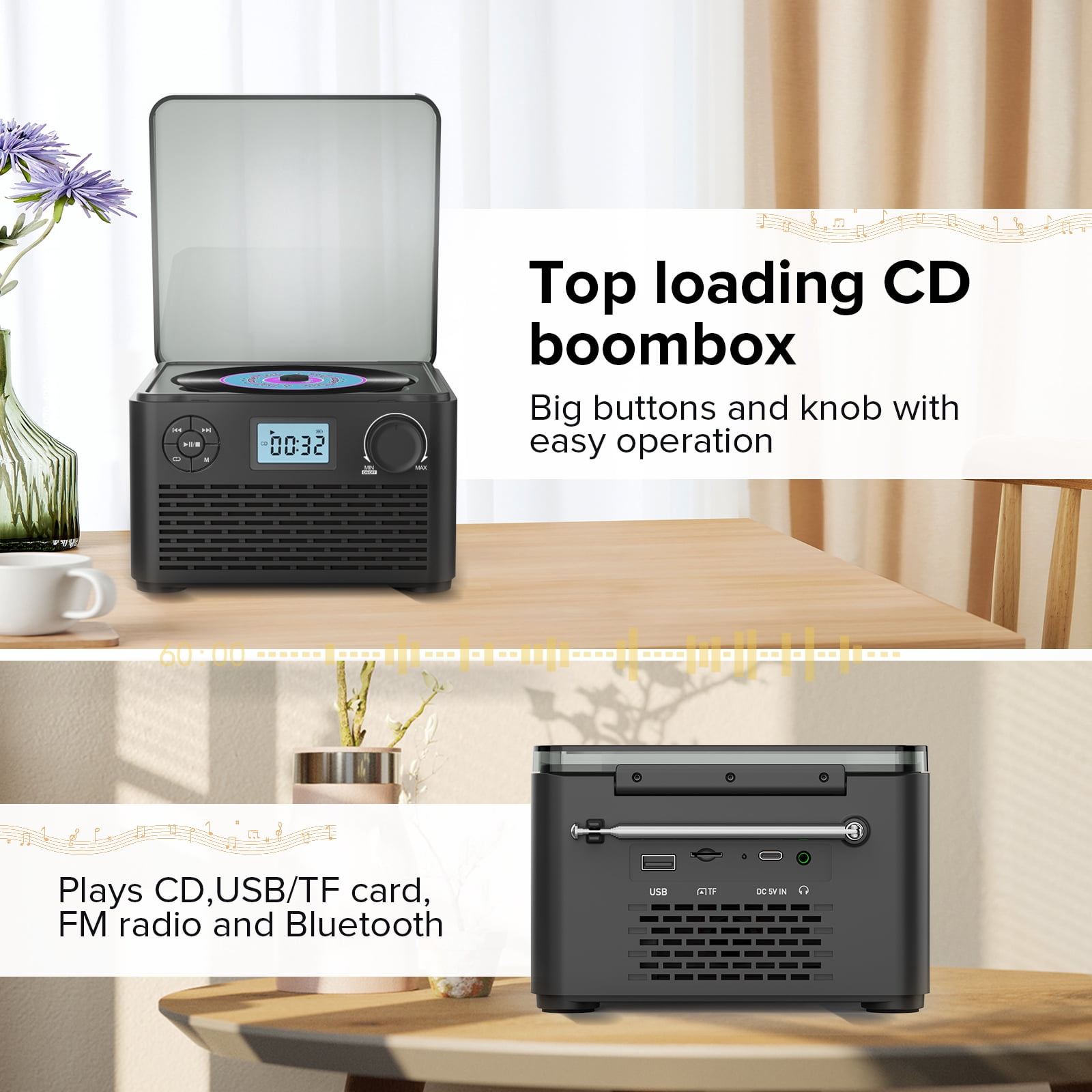 Kuephom Portable CD Player with Radio FM,Rechargeable CD Player with Speakers and headphones,Boombox CD Player Bluetooth with USB/MP3,use friendly for elderly and  teenager,charger included