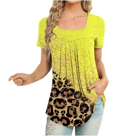 

Dianli Corset Tops For Women Leopard Print Tunic Square Neck Short Sleeve Summer T-Shirts Loose Casual Fashion Button Slit Blouses Tops Yellow L