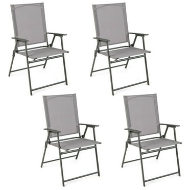 Canddidliike Set of 4 Patio Folding Chair Set with Rustproof Metal Frame-Gray, Folding Aluminum Webbed Lawn Chairs with Detachable Cup Holder