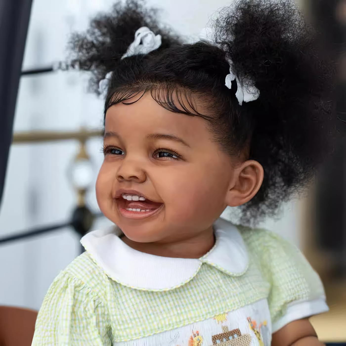 24Inch  Lifelike Reborn Baby Dolls Girl Sweet Smiling Rooted Curly Hair That Look Real , Realistic Newborn Baby Doll Toddler Collectible Art Doll in Dark Brown Skin