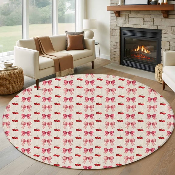 Round Area Rug 5 Ft, Pink Sweet Bow Washable Non-Slip Circle Carpet for Living Room/Bedroom, Red Cherry Beige Retro Artwork Low-Profile Runner Mats Collection Rugs for Indoor
