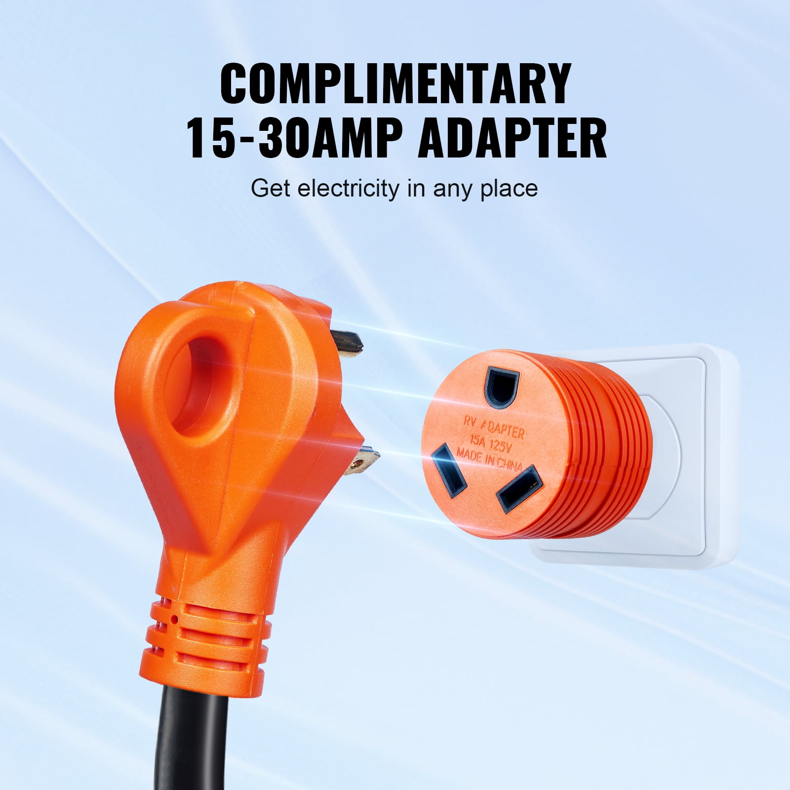 SKYSHALO 25 ft Extension Cable for RV, 30 Amp, Durable STW Power Cable, NEMA TT-30R to TT-30P, Includes LED Handle & 15A Adapter, Suitable for RVs, Trailers, Generators, ETL Certified