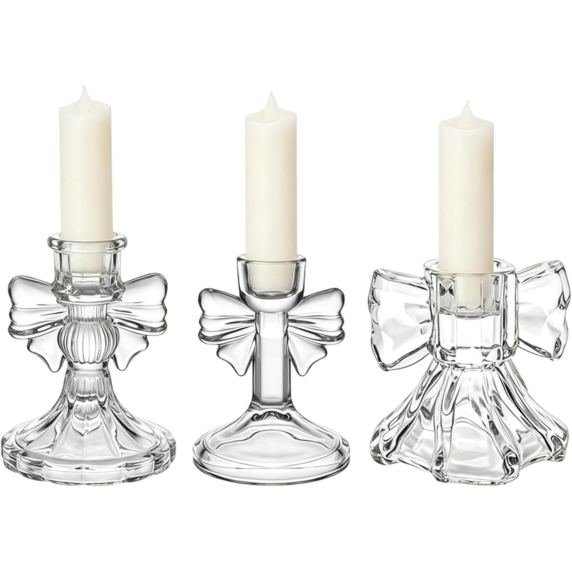 3pcs Glass Candlestick Holders Cute Crystal Bow Taper Candle Holders Clear Candle Holder Stand Table Centerpiece Wedding Birthday Party Home Decor