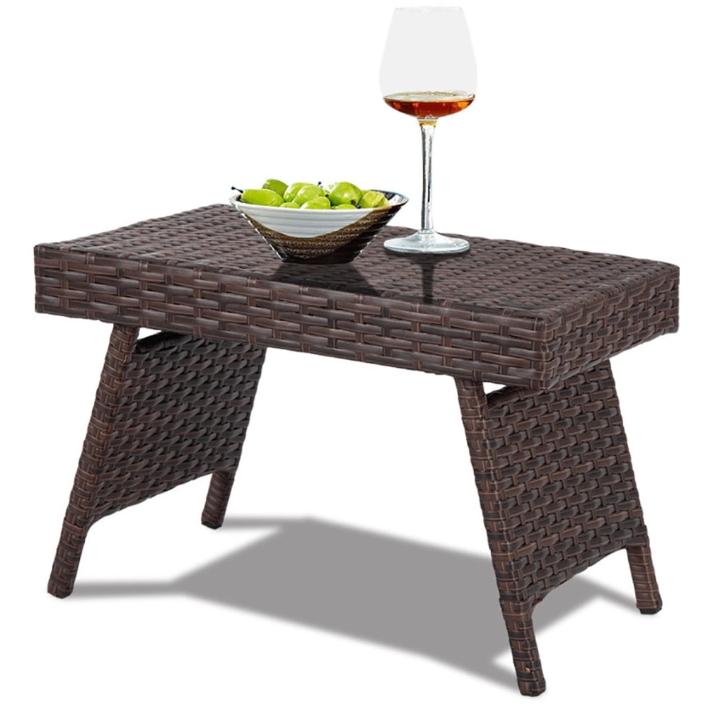 Aimee Lii Folding PE Rattan Side Coffee Table Patio Garden Furniture, Outdoor Patio Furniture, Brown