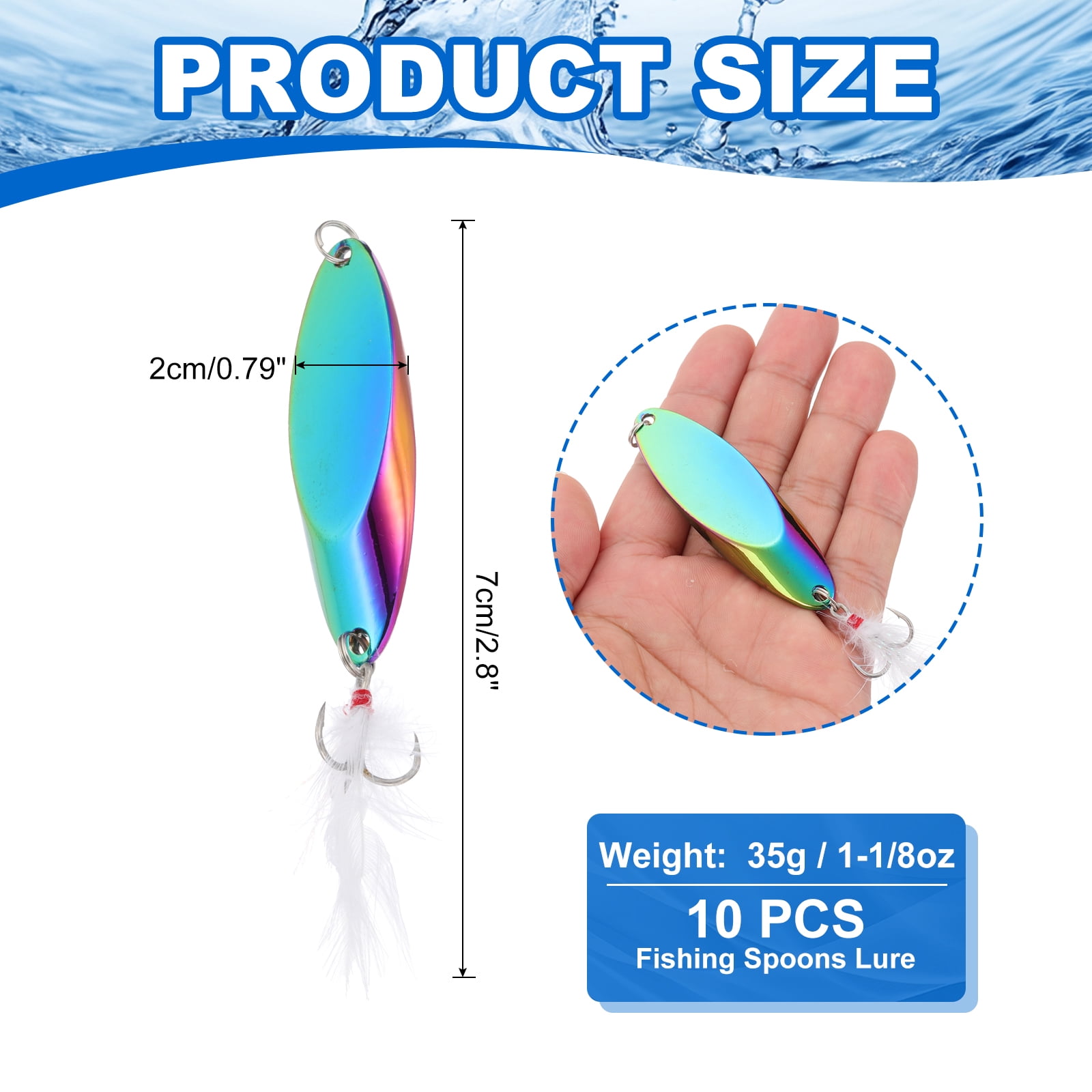 Uxcell Fishing Spoons, 10 Pcs 1-1/8 oz Fishing Lures Casting Spoon Treble Hooks Jigs Hard Metal Spinner Baits for Freshwater Saltwater Salmon, Multicolor