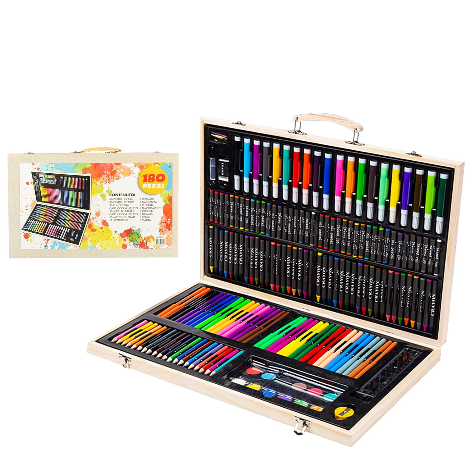 Art Supplies 180Pcs Wooden Art Set Crafts Drawing Painting Kit with 12 Watercolor Paint Colors 40 Crayons 20 Colored Pencils Creative Gift Box for Adults Artist Beginners Kids Girls Boys
