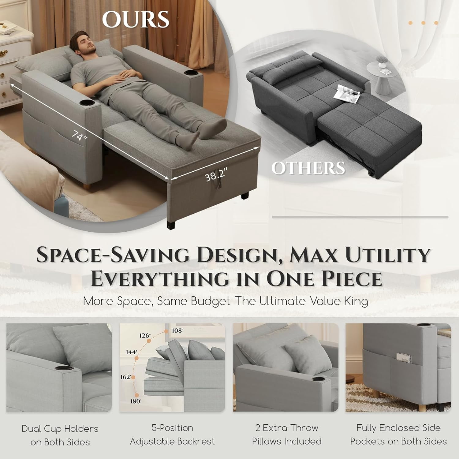 AECOJOY Sofa Bed, 38" Extra-Wide 3-in-1 Convertible Pull-Out Single Sofa with Adjustable Backrest and Cup Holder, Light Grey