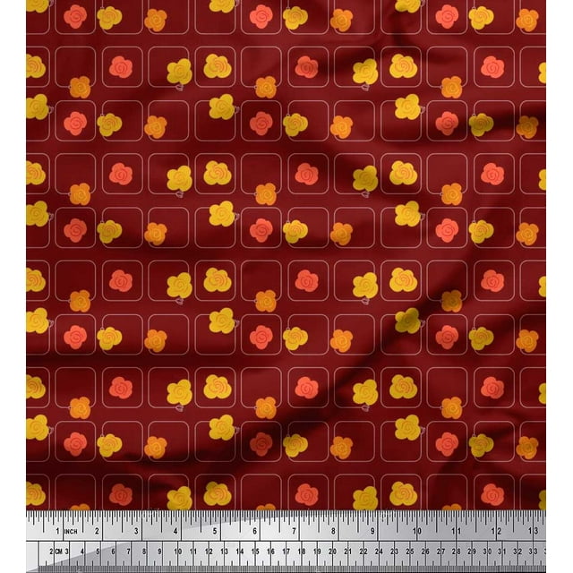 Soimoi Silk Fabric Square & Floral Artistic Printed Fabric 1 Yard 42 Inch Wide