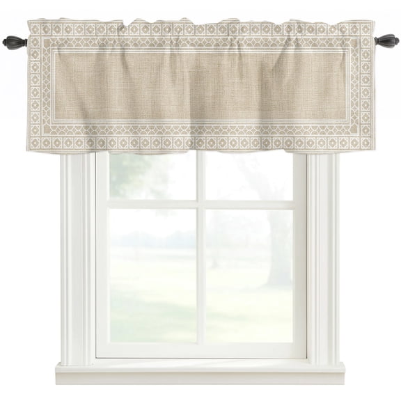 Boho Floral Tile Rod Pocket Curtain Valance, Vintage Beige Sounthwest Middle Century Farmhouse Window Valance for Living Room, Bedroom, Kitchen 54"W x 18"L