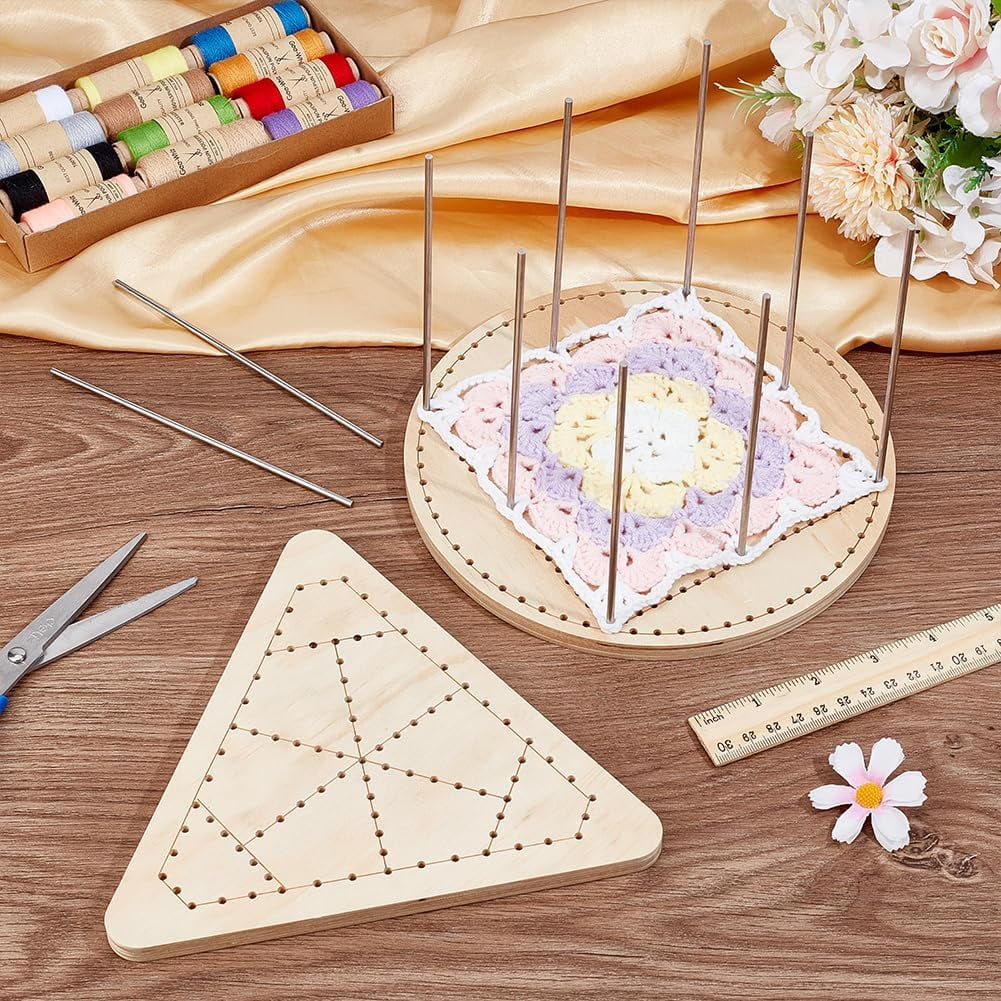 2 Styles Wooden Lace Loom Lace Weaving Kit with 10pcs 304 Stainless Steel Rods Round Crochet Board Triangle Knitting Base for Craft Making Beginners Woven Knitted Supplies