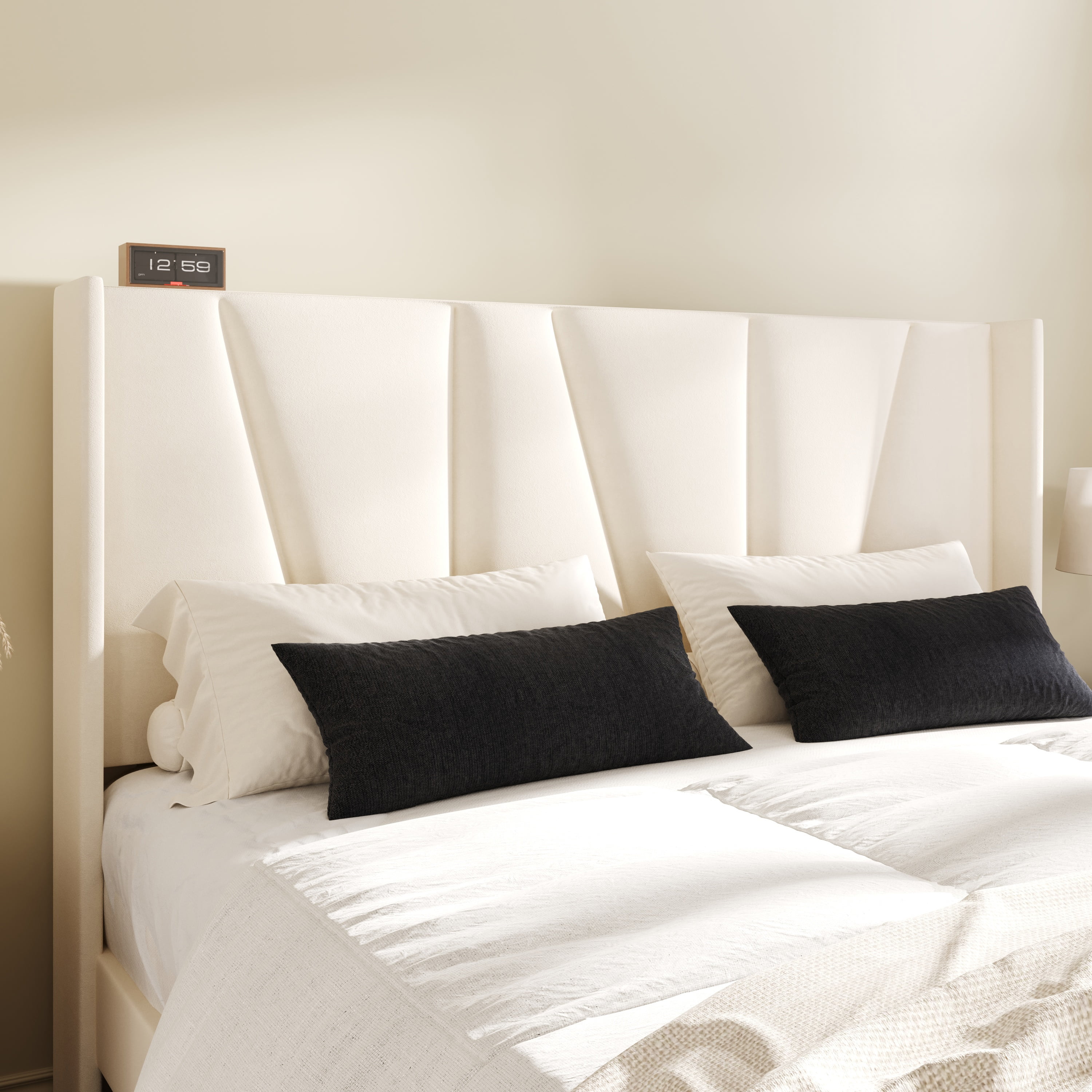 Amolife Full Bed Frame, Upholstered Platform Bed with Wingback and Geometric Headboard, Cream White