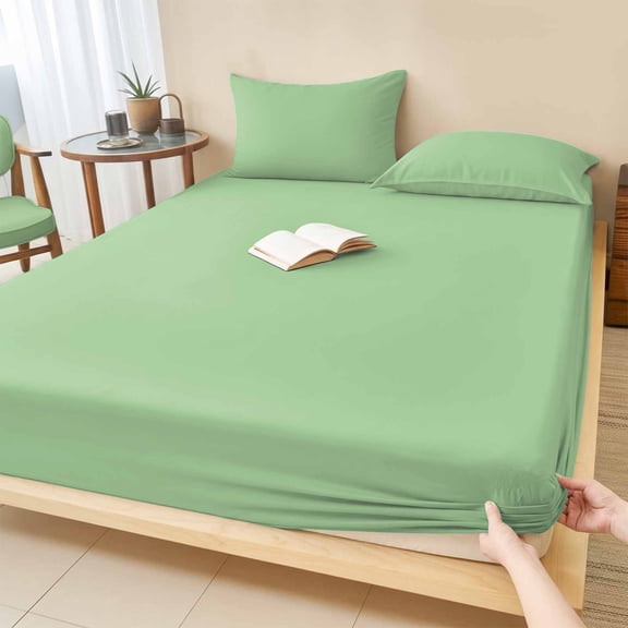 Cal.King Size Fitted Sheet Set - Light Green 3 Piece Bedding Sets 16" Deep Pocket Fitted Sheet with 2 Pillowcases, Farmhouse Solid Green Color Modern Art Brushed Microfiber Hotel Luxury Bed Sheets