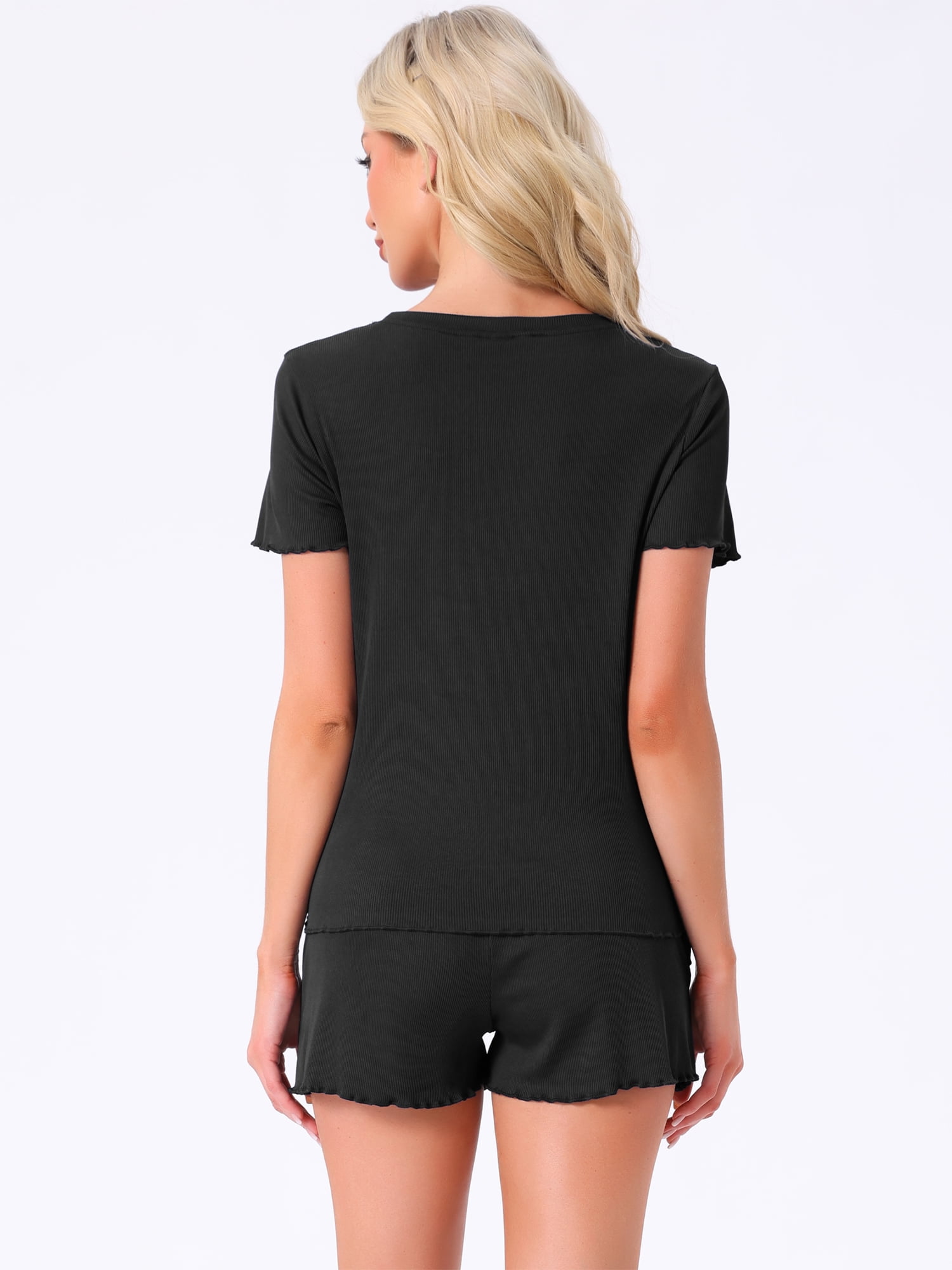 DARING DIVA Ribbed Knit Pajama Set Soft Short Sleeve Top M Black