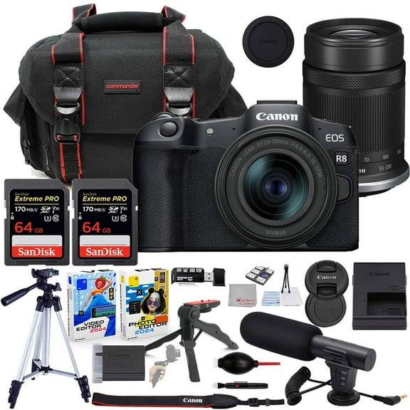 Canon EOS R8 Mirrorless Camera with 24-50mm & 55-210mm Lens Bundle with Commander Gear Bag   Microphone   2X 64GB Extreme Memory Cards   Accessory Kit