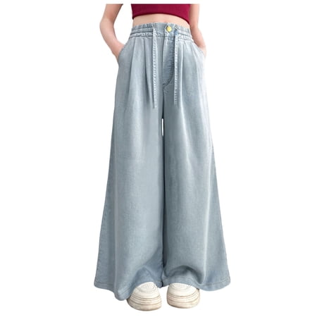 Gvdentm Girls Jeans Size 8 Girls Elastic Waist Thin Cotton Denim Pants Wide Leg Baggy Trousers Cute Summer Straight Cropped Pant(Blue 13-15 Years)