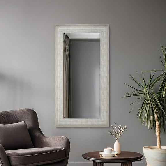 Head West Full Sized White Driftwood Framed Leaner or Wall Mount Beveled Dressing Floor Mirror - 46.5" H x 25" L X 1" D