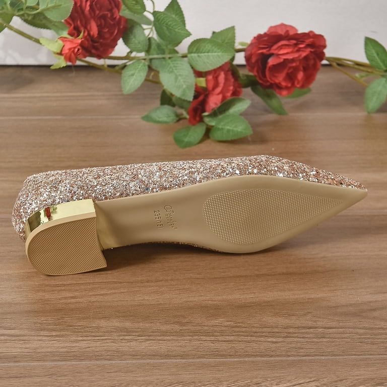 rose gold dress shoes for wedding Miluxas Women's Sequins Closed Pointed Toe Flat Shoes Comfortable Slip On Shiny Bridal Wedding Flats Classic Chunky Heel Party Dress Shoes Rose Gold 7
